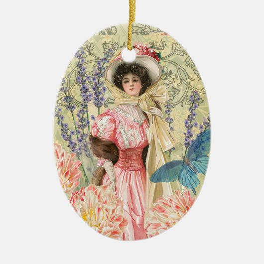 Roze Bloemrijke Victoriaanse Vrouw Regency Keramisch Ornament (Voorkant)