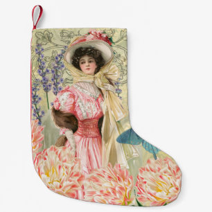 Roze Bloemrijke Victoriaanse Vrouw Regency Kleine Kerstsok
