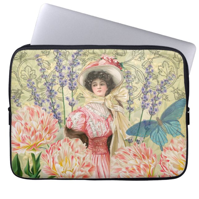 Roze Bloemrijke Victoriaanse Vrouw Regency Laptop Sleeve (Voorkant)