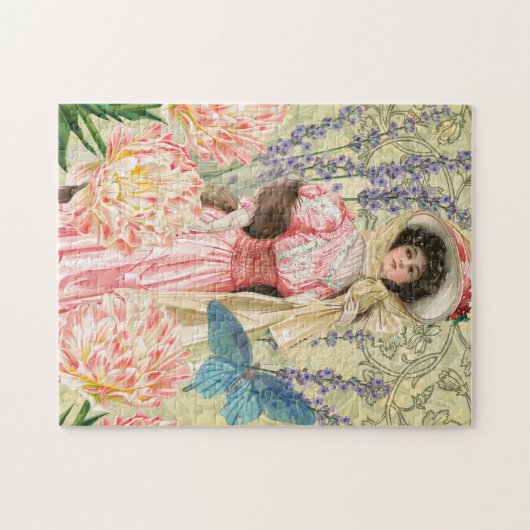 Roze Bloemrijke Victoriaanse Vrouw Regency Legpuzzel (Horizontaal)