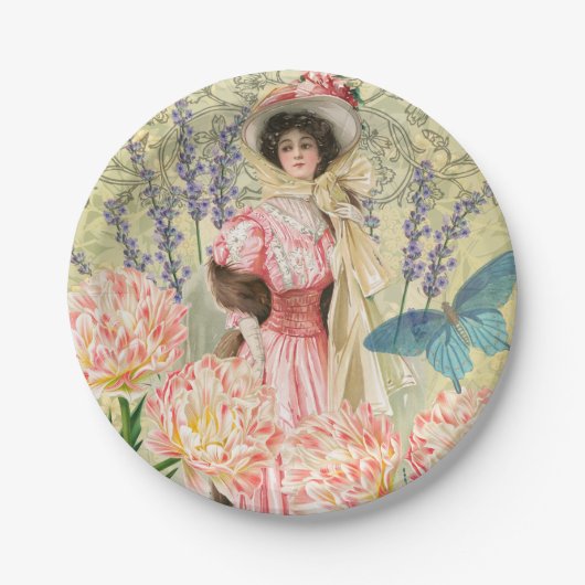Roze Bloemrijke Victoriaanse Vrouw Regency Papieren Bordje (Voorkant)