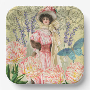 Roze Bloemrijke Victoriaanse Vrouw Regency Papieren Bordje