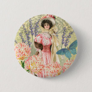 Roze Bloemrijke Victoriaanse Vrouw Regency Ronde Button 5,7 Cm