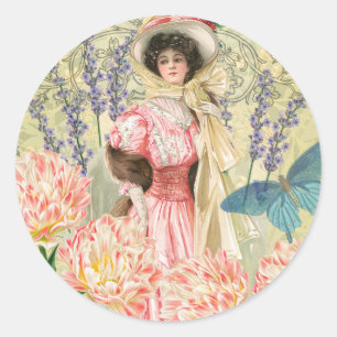 Roze Bloemrijke Victoriaanse Vrouw Regency Ronde Sticker