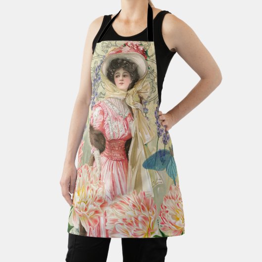 Roze Bloemrijke Victoriaanse Vrouw Regency Schort (Insitu)