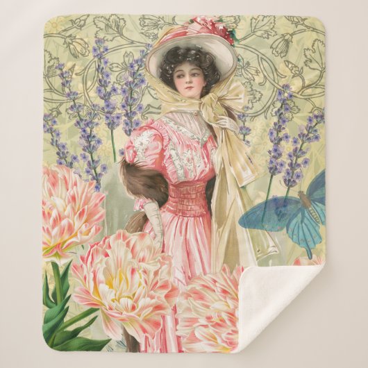 Roze Bloemrijke Victoriaanse Vrouw Regency Sherpa Deken (Voorkant)