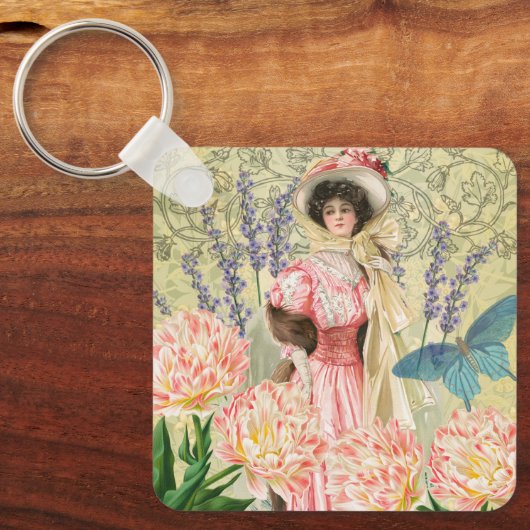 Roze bloemrijke victoriaanse vrouw Regency Sleutelhanger (Voorkant)