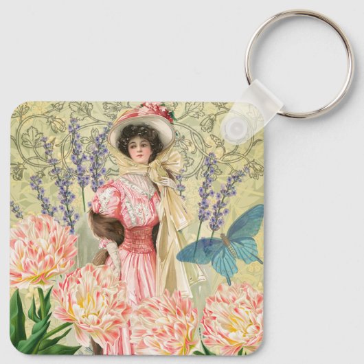 Roze bloemrijke victoriaanse vrouw Regency Sleutelhanger (Achterkant)