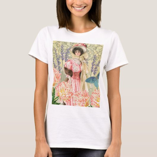 Roze Bloemrijke Victoriaanse Vrouw Regency T-shirt (Voorkant)
