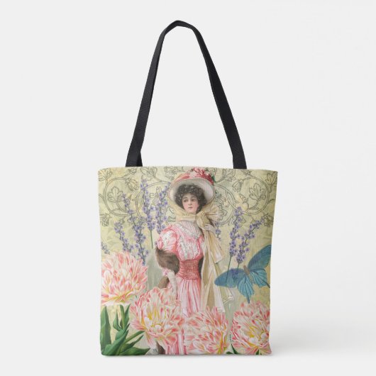 Roze Bloemrijke Victoriaanse Vrouw Regency Tote Bag (Achterkant)