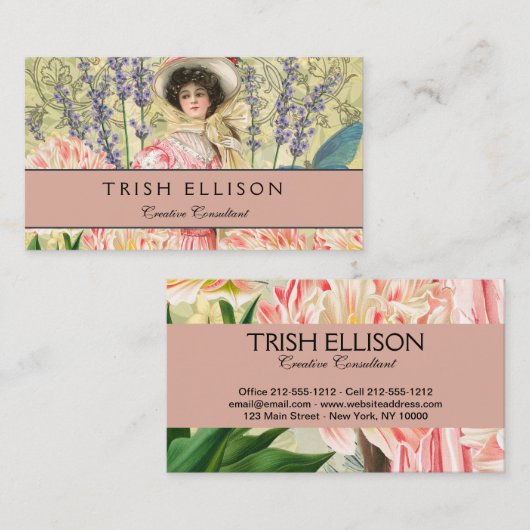 Roze Bloemrijke Victoriaanse Vrouw Regency Visitekaartje (Voorkant / Achterkant)