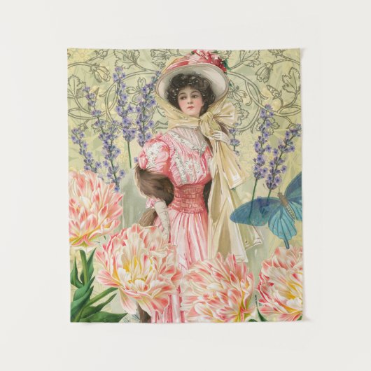 Roze Bloemrijke Victoriaanse Vrouw Regency Wandkleed (Voorkant)