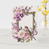 Roze bloemrijke vogel aquarel  kaart (Gele Bloem)