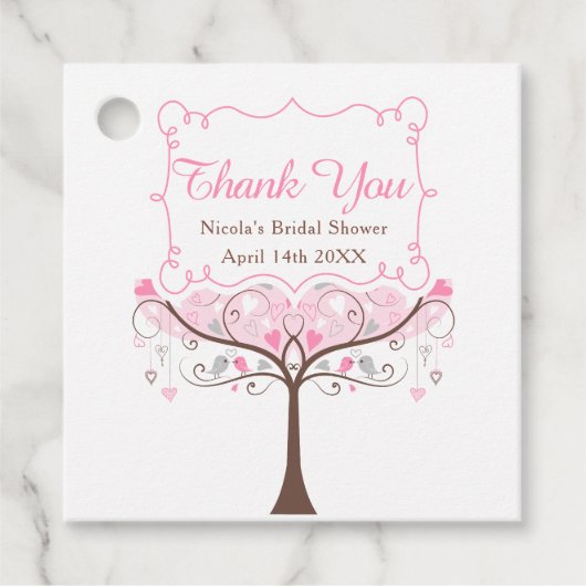 Roze bloemrijke vogel bruiloft feest bedankt bedankjes labels (Voorkant)