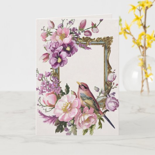 Roze bloemrijke vogel waterverf  kaart (Gele Bloem)