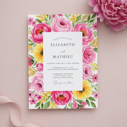 Roze bloemrijke weide bruiloft kaart