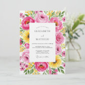 Roze bloemrijke weide bruiloft kaart (Staand voorkant)