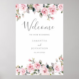 Roze bloemrijke welkomsthuwelijk poster