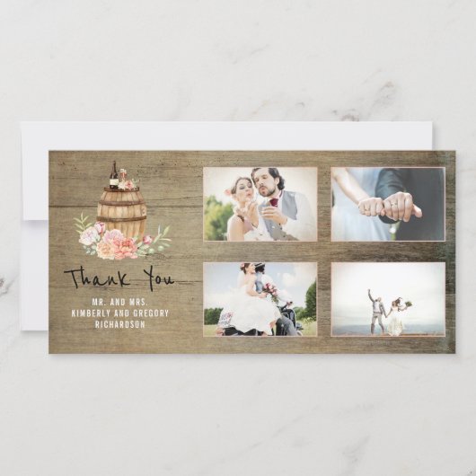 Roze bloemrijke wijnvat rustieke dank je trouwdag bedankkaart (Voorkant)