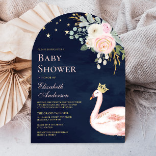 Roze Bloemrijke Zwanenprinses Boog Navy Baby Showe Kaart