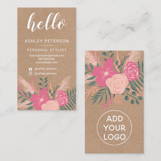 Roze bloemroze bouquet brown kraft hallo script visitekaartje (Voorkant / Achterkant)
