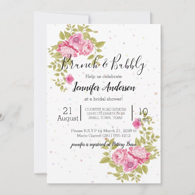 Roze bloemrozen confetti stortingsuitnodiging (Voorkant)