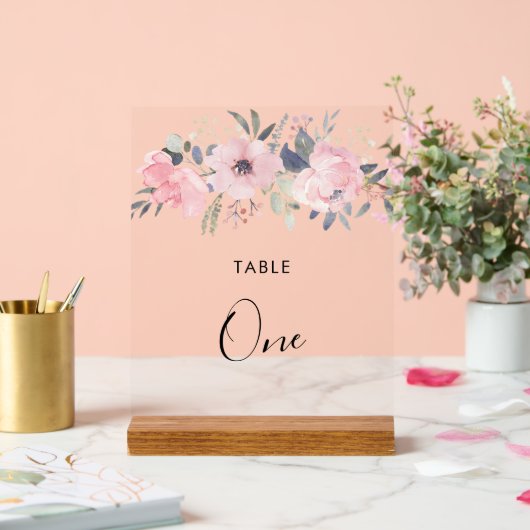 Roze Bloemrozen Landelijke Gebladerte Tafelnummer Acryl Bord (Huwelijk)