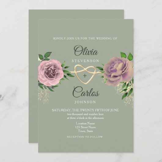 Roze Bloemsalie Groene bruiloft Kaart (Voorkant / Achterkant)