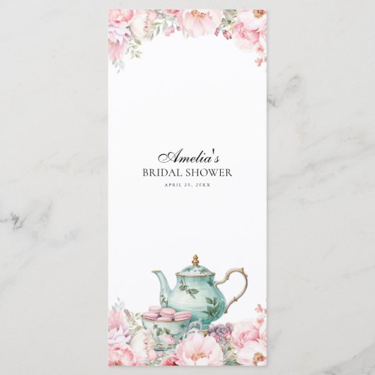 Roze Bloemsalie Groene Middag Tea Party Menu (Achterkant)