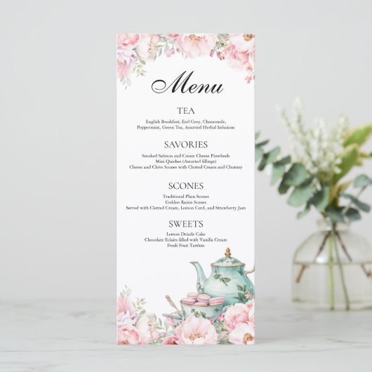 Roze Bloemsalie Groene Middag Tea Party Menu (Staand voorkant)