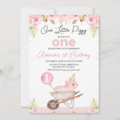 Roze bloemschikking kruiwagen Little Piggy 1e verj Kaart (Voorkant)