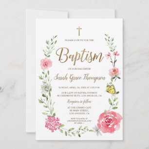 Roze bloemschildering doop gouden kruis schrift kaart