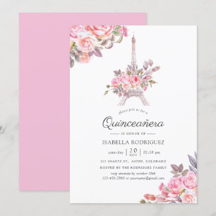 Roze bloemschildering Parijs thema Quinceañera Kaart