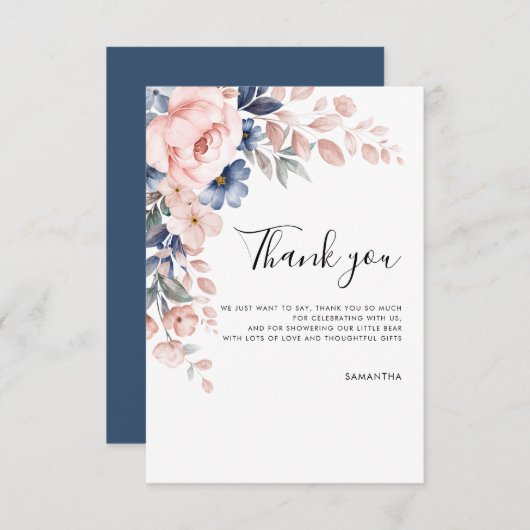 Roze Bloemschrift Babyfeestje Bedankkaart (Voorkant / Achterkant)