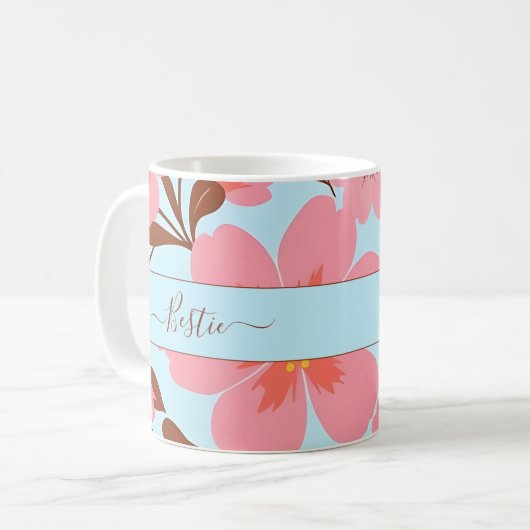 Roze Bloemstemming – Pastel Vibes-Retro bloemen Koffiemok (Voorkant links)