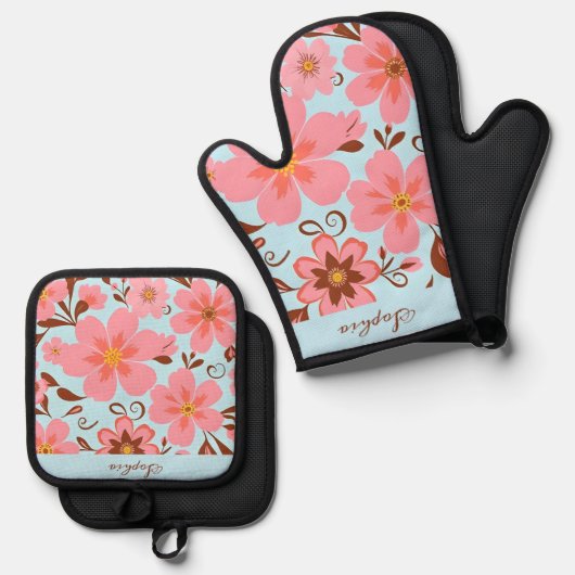 Roze Bloemstemming – Pastel Vibes-Retro bloemen Ovenwant & Pannenlap Set (Voorkant / Achterkant)