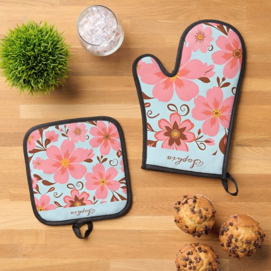 Roze Bloemstemming – Pastel Vibes-Retro bloemen Ovenwant & Pannenlap Set (Top down)