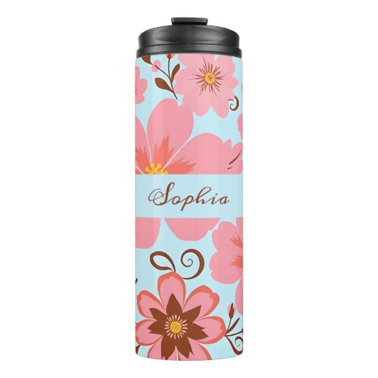 Roze Bloemstemming – Pastel Vibes-Retro bloemen Thermosbeker (Voorkant)