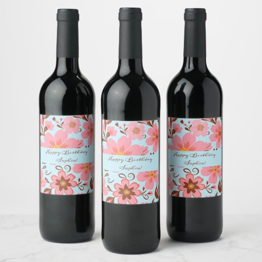 Roze Bloemstemming – Pastel Vibes-Retro bloemen Wijn Etiket (Flessen)