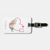 Roze Bloemstethoscoop Hartverpleegkundige Bagagelabel (Voorkant horizontaal)