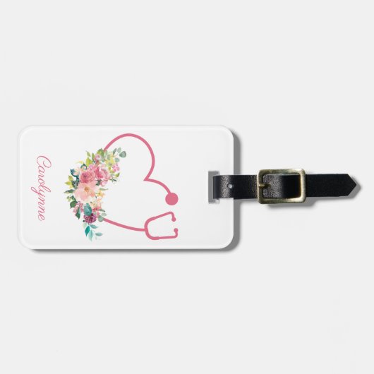 Roze Bloemstethoscoop Hartverpleegkundige Bagagelabel (Voorkant horizontaal)