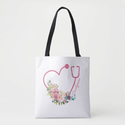Roze Bloemstethoscoop Hartverzorger Tote Bag (Voorkant)