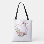 Roze Bloemstethoscoop Hartverzorger Tote Bag (Achterkant)