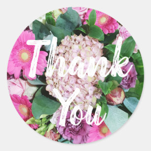Roze bloemstuk boeket bedankt ronde sticker