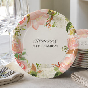 Roze bloemstuk bruidslunch papieren bordje