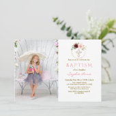 Roze Bloemstuk Doopfeest Foto Meisje Kaart (Staand voorkant)