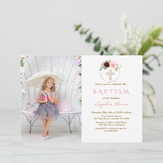 Roze Bloemstuk Doopfeest Foto Meisje Kaart (Staand voorkant)