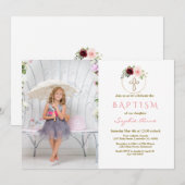 Roze Bloemstuk Doopfeest Foto Meisje Kaart (Voorkant / Achterkant)