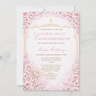 Roze Bloemstuk Eerste Heilige Communie Kruis Relig Kaart