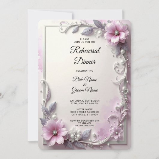 Roze bloemstuk frame proefhuwelijksdiner kaart (Voorkant)